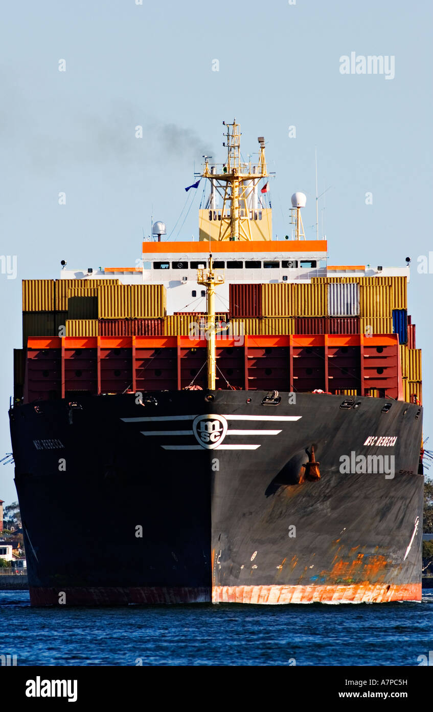 Shipping Industry /  A Container Ship`s Hull  viewed directly front on.Port of Melbourne Australia. Stock Photo